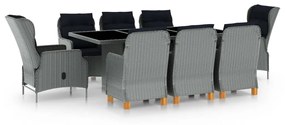 vidaXL 9 pcs conj. jantar exterior + almofadões vime PE cinzento-claro