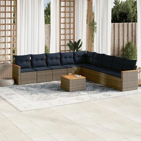 vidaXL 10 pcs conjunto sofás p/ jardim c/ almofadões vime PE cinzento