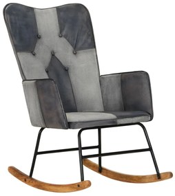 Cadeira de baloiço couro genuíno e lona cinzento