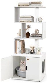 Móvel de caixa areira oculta para gatos com 3 prateleiras abertas, entrada lateral e portas 60 x 45,5 x 142 cm Branco