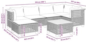 7 pcs conjunto sofás p/ jardim c/ almofadões vime PE cinzento