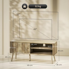 Móvel de TV para Televisão até 55 Polegadas com Porta Acanalada Prateleira Ajustável Compartimentos Abertos 115x35x49 cm cor  Carvalho