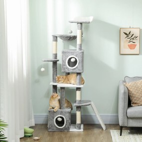 Arranhador para gatos com torre de brincadeiras, centro de atividades, 2 compartimentos abertos, plataformas, rede, escada e 4 pompons, 165 cm, cinzen