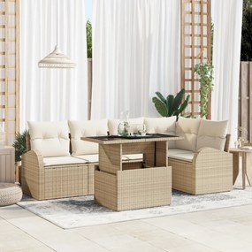 Conjunto de Sofá de Jardim de 6 Peças com Almofadas Bege Poli Rattan
