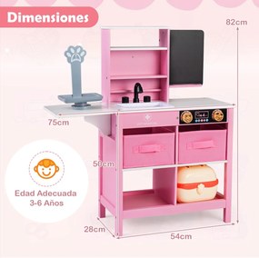 Centro Médico de Brincar de Madeira para Crianças 75 x 28 x 82 cm com Quadro Branco Balança para Animais de Estimação Torneira e Vários Acessórios Ros