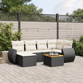 7 pcs conjunto de sofás p/ jardim c/ almofadões vime PE preto