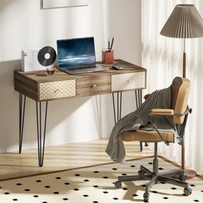 Secretária Estilo Boémio Mesa Secretária com 3 Gavetas e Pés de Ferro para Escritório Dormitório Tocador 105x50x75 cm Madeira