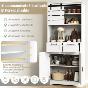 Armário de despensa de cozinha 80 x 40 x 180 cm com tomada elétrica com portas, gavetas e prateleira ajustável Suporte branco