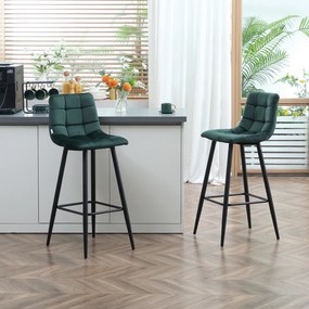 Conjunto de 2 bancos de bar, com assento em veludo acolchoado e pés em aço, altura 77 cm, verde escuro
