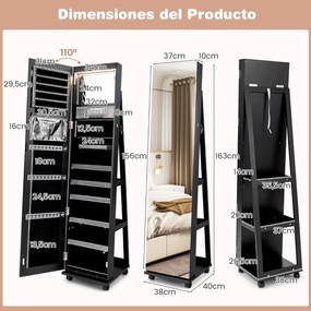 Armário para joias com fechadura 40 x 38 x 164 cm com Espelho de maquilhagem LED com 3 cores Prateleiras ajustáveis e rodas universais Preto