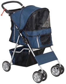 PawHut Carrinho de Passeio para Animais de Estimação Dobrável com Cesta de Armazenamento e Travão 75x45x97cm Azul Escuro | Aosom Portugal