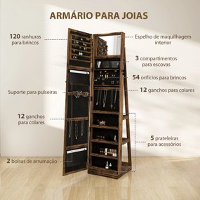 Joalheiro de Pé Armário para Jóias 360° com Fechadura e Espelho Incorporado Carga Máxima 20 kg 38x38x160 cm Castanho Rústico