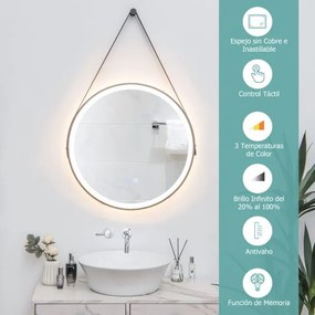 Espelho de casa de banho LED redondo 60 cm com fio 3 cores Antiembaciamento e função de memória com interrutor tátil