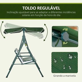 Baloiço de Jardim de 3 Lugares com Almofada e Toldo Ajustável - Verde