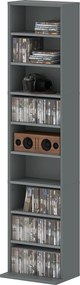 Organizador para CD e DVD com 9 compartimentos e 6 prateleiras ajustáveis; capacidade máxima de 260 CD/120 DVD; 33 x 24 x 140 cm; cinzento