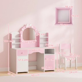 Penteadeira Infantil com Espelho LED 2 Cores, Banco, 2 Armários, Gaveta e Prateleiras, Rosa
