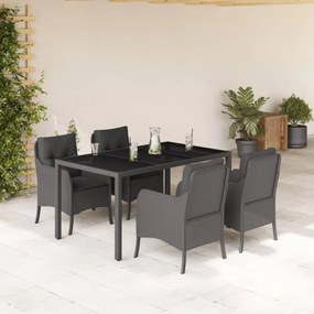 5 pcs conjunto de jantar p/ jardim c/ almofadões vime PE preto