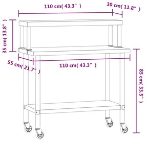 Mesa trabalho cozinha c/ prateleira 110x55x120cm aço inoxidável