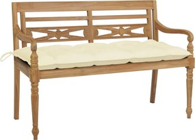 vidaXL Banco Batávia c/ almofadão branco nata 120 cm teca maciça