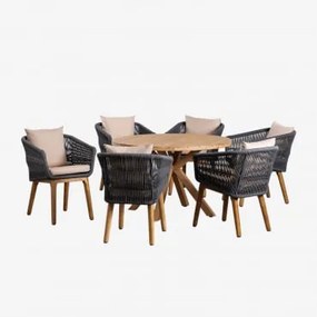 Conjunto De Mesa Redonda De Madeira (ø120 Cm) Naele E 6 Cadeiras De Jantar Barker Cinza Antracite - Sklum