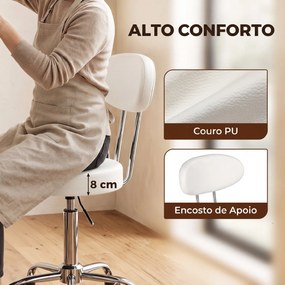 Banco com Rodas Giratório em Pele Sintética com Encosto e Altura Regulável para Spa, Escritório e Tatuagens, Branco