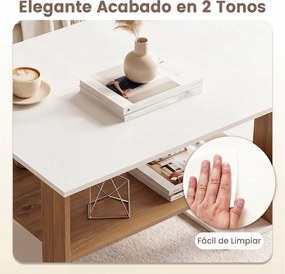 Mesa de Centro, 75 x 75 x 40 cm, Estante Inferior Espaçosa, Natural e Branco