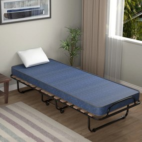Cama dobrável com colchão Cama de hóspedes portátil com rodas em espuma de memória Estrutura de aço 190 x 80 x 33 cm Azul