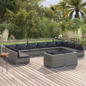 vidaXL 12 pcs conjunto lounge de jardim c/ almofadões vime PE cinzento