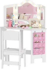 Toucador infantil 2 em 1 com banco, espelho tríptico e luzes LED bicolores 93,6 x 48,5 x 111,5 cm branco