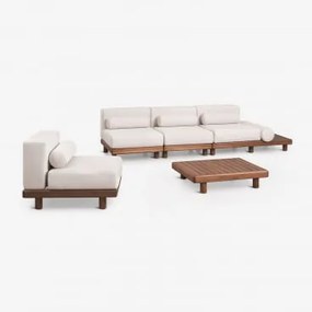 Conjunto De Jardim Com Sofá Modular De 3 Peças, Com Mesa Auxiliar, Poltrona E Mesa De Centro Em Acácia Edrien Castanho Acácia - Sklum