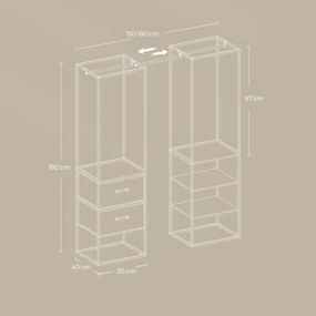 Guarda roupa aberto com 2 gavetas 40 x (150-180) x 180 cm branco e bege natural