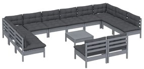 13pcs conjunto lounge de jardim + almofadões pinho maciço cinza