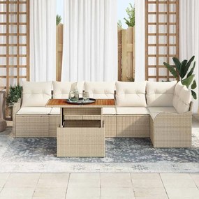 vidaXL Sofá de jardim 7 peças, almofadas bege e rattan sintético.