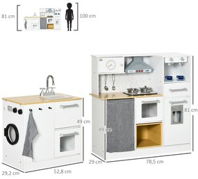 HOMCOM Cozinha Infantil de Madeira Cozinha para Crianças acima de 3 Anos com Luz Sons Máquina de Café Frigorífico Lavatório Branca