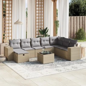 vidaXL 9 pcs conj. sofás jardim c/ almofadões vime PE bege misturado