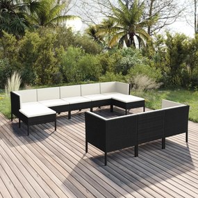 vidaXL 10 pcs conjunto lounge de jardim c/ almofadões vime PE preto