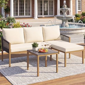 Conjunto de 3 Peças de Jardim: Sofá de 2 Lugares, Espreguiçadeira e Mesa de Centro, 118 x 171 x 64 cm, Estrutura Metálica Reforçada, Bege