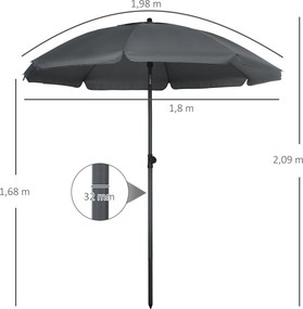 Chapéu de Sol de Praia Grande Ø180 cm Chapéu de Sol de Exterior com Ângulo Ajustável Proteção UV50+ Mastro de Ø32 mm Cinza