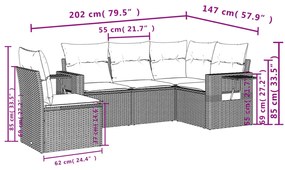5 pcs conjunto sofás de jardim com almofadões vime PE preto