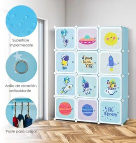 Estante modular portátil para guarda-roupa infantil com 12 cubos com 2 seções suspensas para brinquedos, sapatos, roupas, 107 x 36 x 142 cm, azul