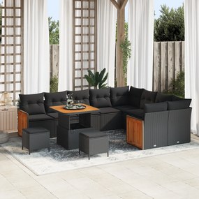 Conjunto de Sofá de Jardim de 12 Peças com Almofadas Pretas de Vime Sintético e Acácia