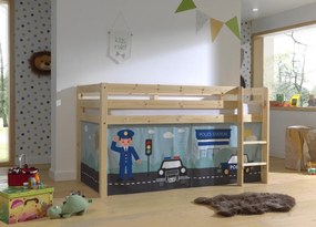 Cama alta de Criança PINO 90 x 200 cm + estrado + escada + cortina Policia Natural
