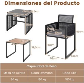 Conjunto de móveis de jardim em rattan PE de 5 peças com pufes, almofadas e mesa de café em madeira acácia cinzento