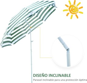 Chapéu de Sol de Praia Ø180cm com Teto Inclinável e Mastro de Metal Proteção Solar para Jardim Terraço Exterior Listras Verdes e Branco