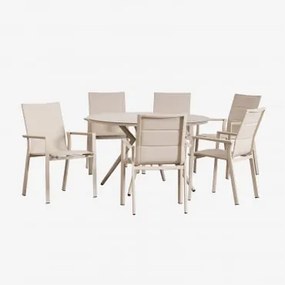 Conjunto De Mesa Redonda Valería (ø125 Cm) E 6 Cadeiras De Jardim Empilháveis De Alumínio Karena Tapioca Bege - Sklum