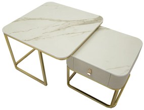 CONJUNTO DE MESAS DE CAFÉ BEAUTRY 2 PEÇAS CM 70X70X48-50X50X43,5 CREME E DOURADO