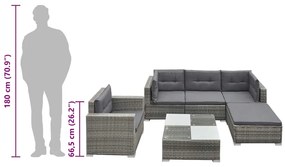 6 pcs conjunto lounge de jardim c/ almofadões vime PE cinzento