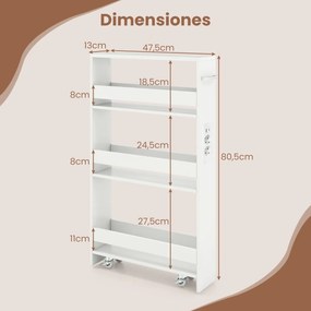Carrinho cozinha estreito 47,5 x 13 x 80,5 cm com estação de carregamento de 4 níveis com rodas bloqueáveis Branco