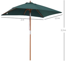 Outsunny Chapéu de Sol de Jardim 200x150x230cm Chapéu de Sol Retangular Inclinável com Polia Duplo Teto e Mastro Desmontável de Madeira para Terraço Pátio Verde