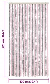 Cortina anti-insetos 100x220 cm chenille cinza-prateado e rosa